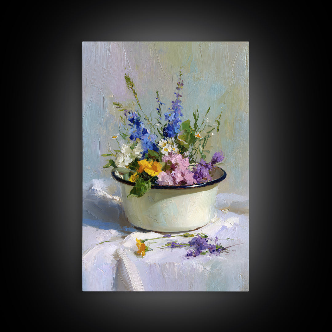 Old Enamel Basin Filled Canvas Print, Laundry Room Art, Whimsical Art, Living Room Decor, Fine Art, Clean, Statement Artwork, LRA-2x3-16