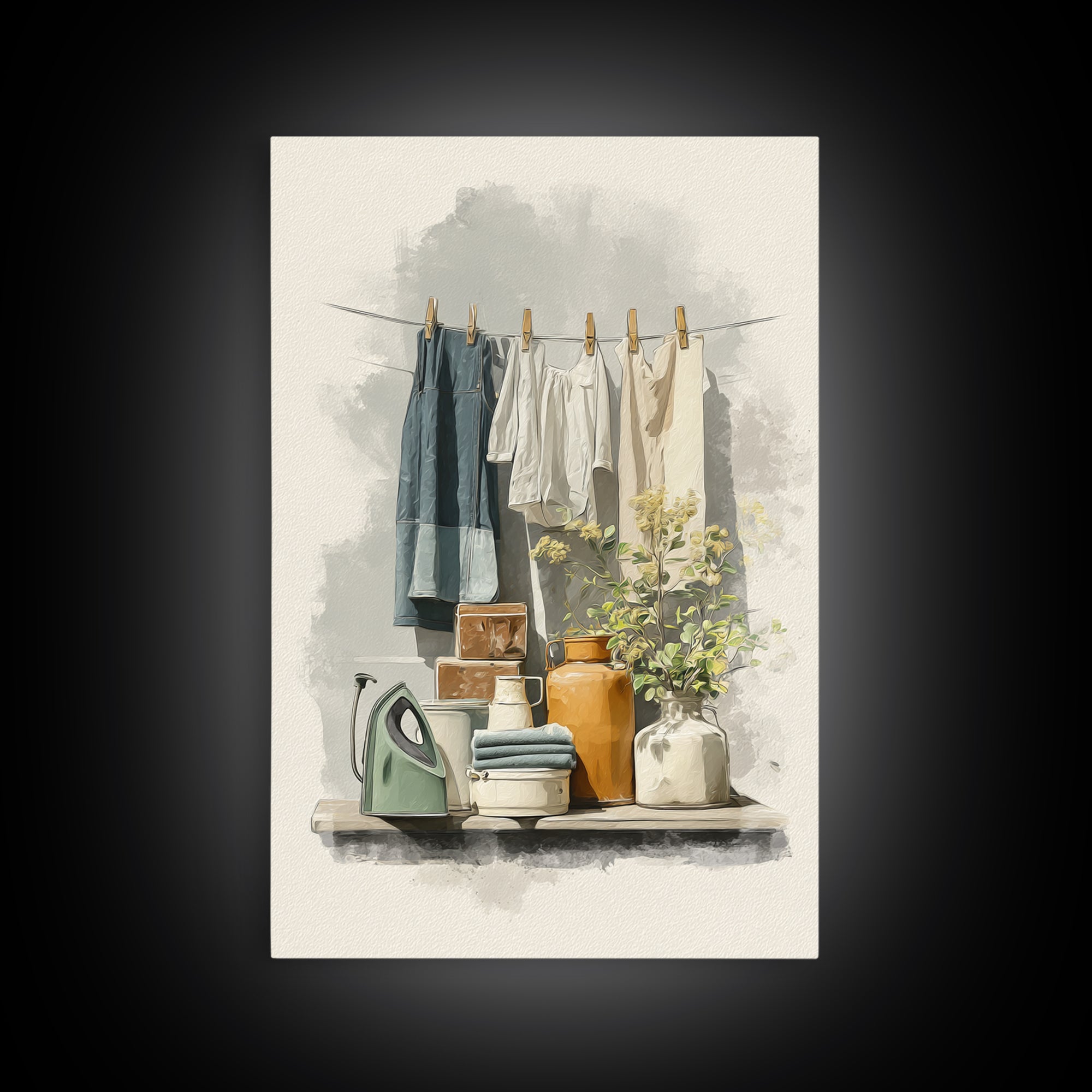 Retro Iron Illustration Framed Canvas Print, Laundry Room Art, Printable Wall Art, Living Room Decor, Abstract Art, Clean, LRA-2x3-17