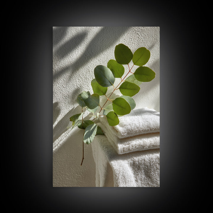 Sunlit White Towels and Eucalyptus Branch Framed Canvas Print, Laundry Room Art, Neutral Decor, Living Room Decor, LRA-2x3-19