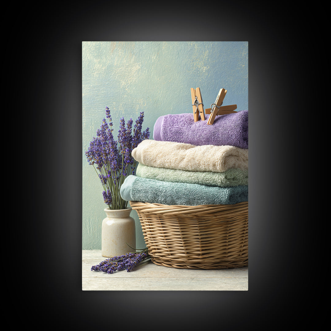 Basket of Folded Towels Framed Canvas Print, Laundry Room Art, Textured Painting, Living Room Decor, Fine Art, Clean, LRA-2x3-22