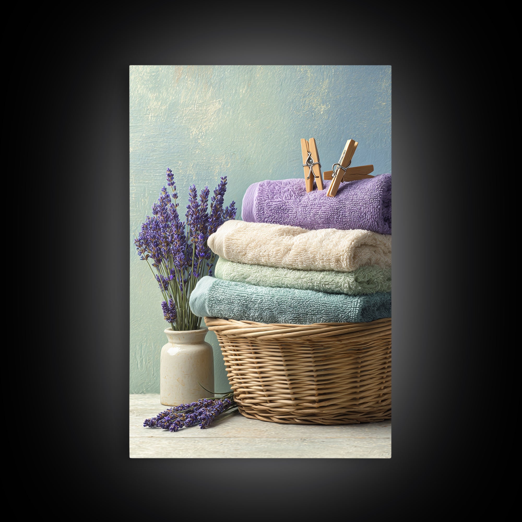 Basket of Folded Towels Framed Canvas Print, Laundry Room Art, Textured Painting, Living Room Decor, Fine Art, Clean, LRA-2x3-22