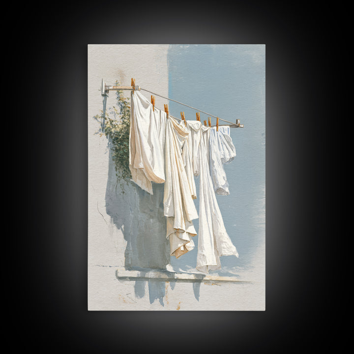 Clothesline with White Linens Blowing in Sunshine Canvas Print, Laundry Room Art, Digital Print, Living Room Decor, Clean, LRA-2x3-33