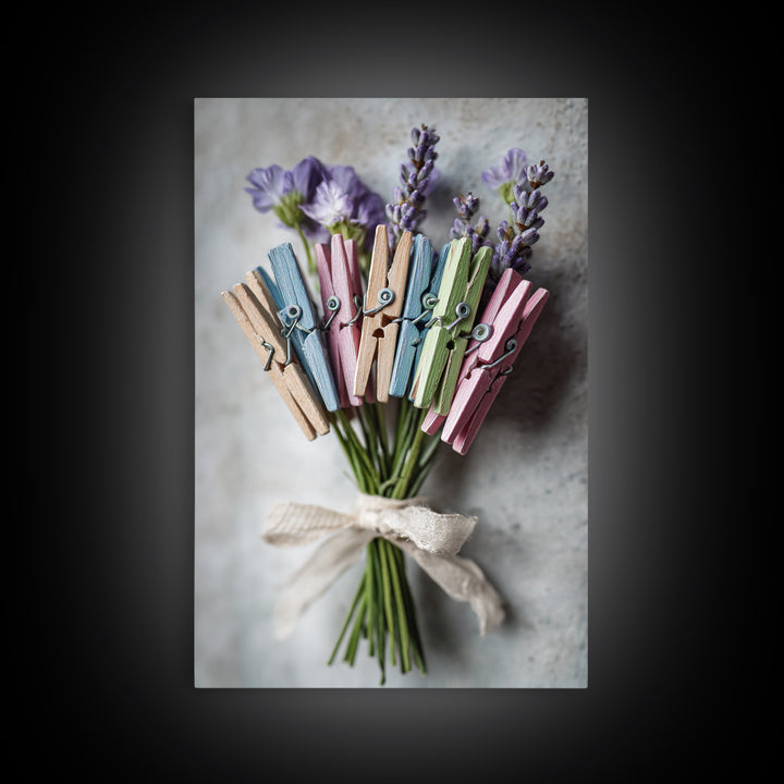 Clothespin Bouquet in Folk Art Style Framed Canvas Print, Laundry Room Art, Statement Artwork, Living Room Decor, Clean, LRA-2x3-4