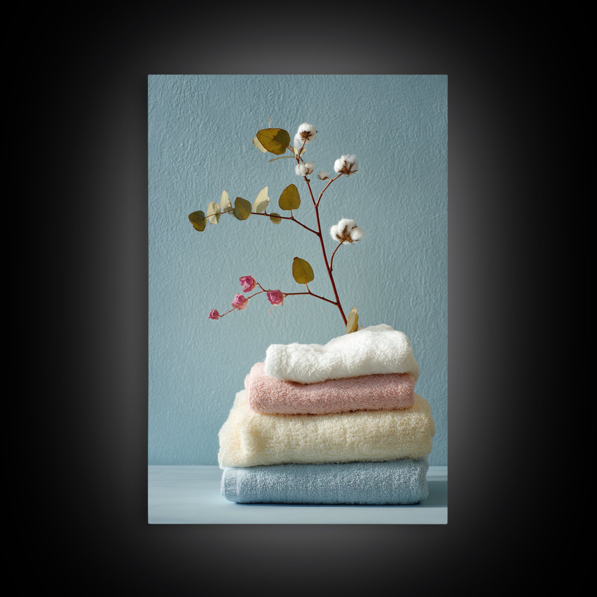 Sunlit White Towels and Eucalyptus Branch Framed Canvas Print, Laundry Room Art, Contemporary Art, Living Room Decor, Clean, LRA-2x3-43