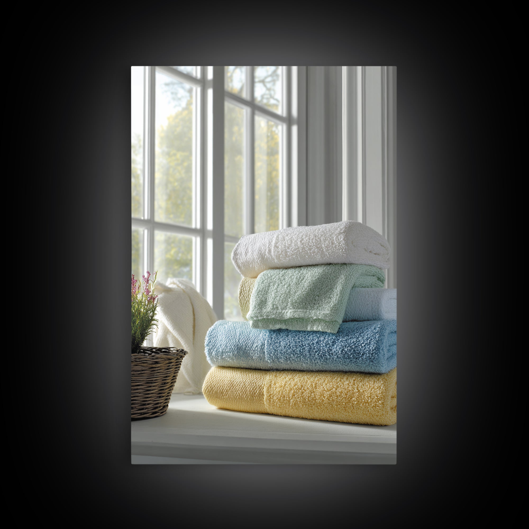 Basket of Folded Towels Framed Canvas Print, Laundry Room Art, Textured Painting, Living Room Decor, Fine Art, Clean, LRA-2x3-46