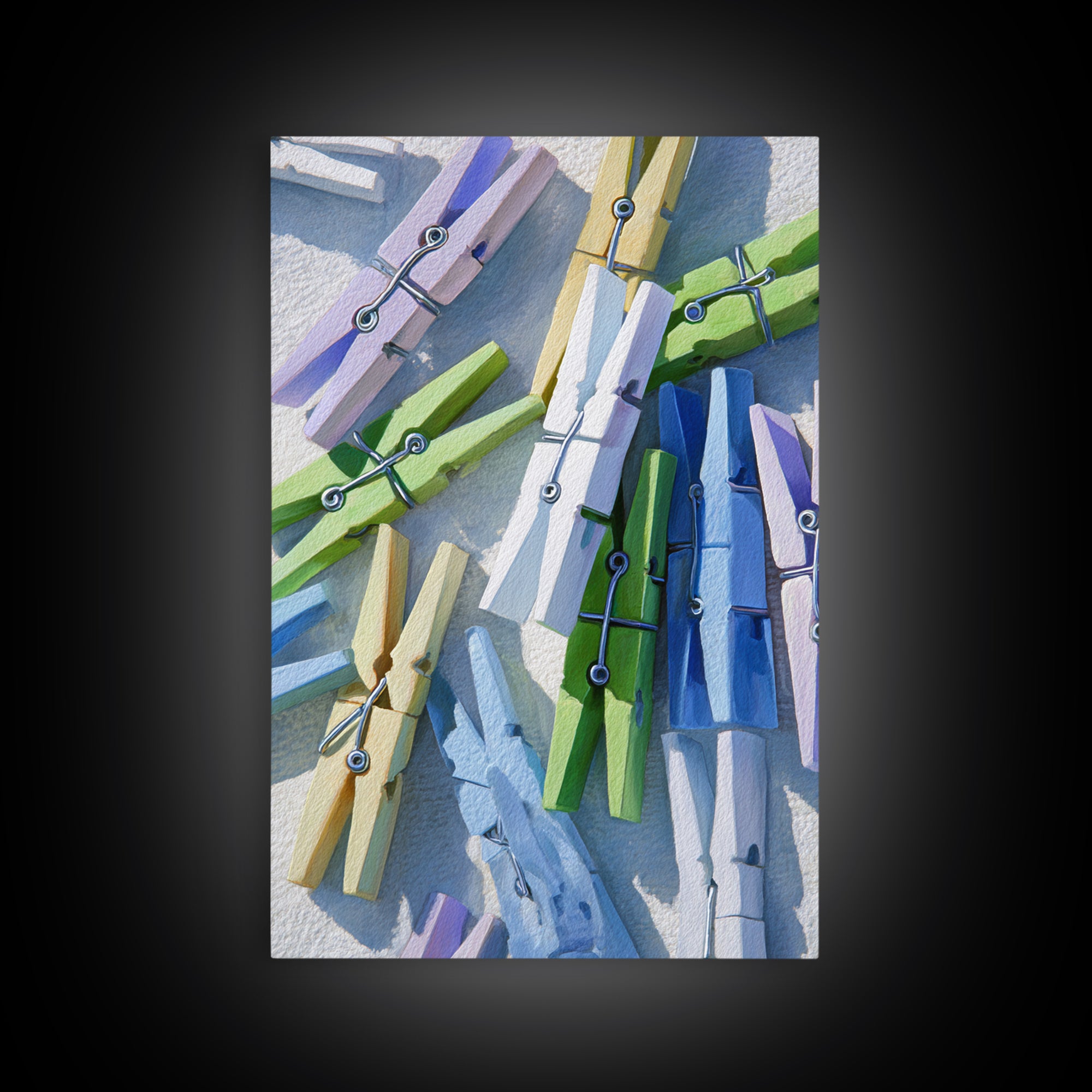 Cheerful Clothespins Arranged as Pattern Framed Canvas Print, Laundry Room Art, Home Decor, Living Room Decor, Fine Art, Clean, LRA-2x3-60