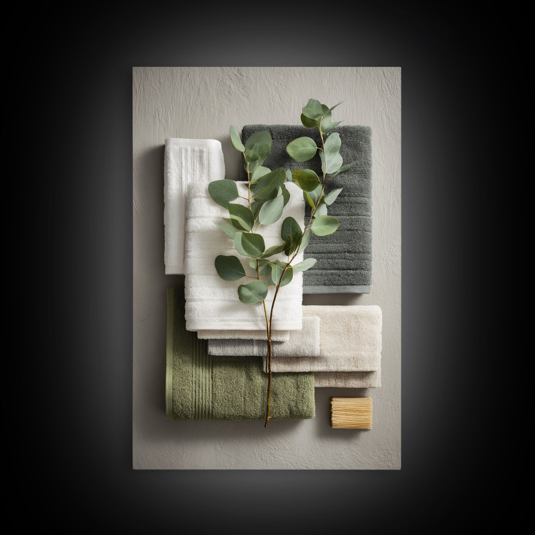 Sunlit White Towels and Eucalyptus Branch Canvas Print, Laundry Room Art, Oil Painting, Living Room Decor, Fine Art, Clean, LRA-2x3-67