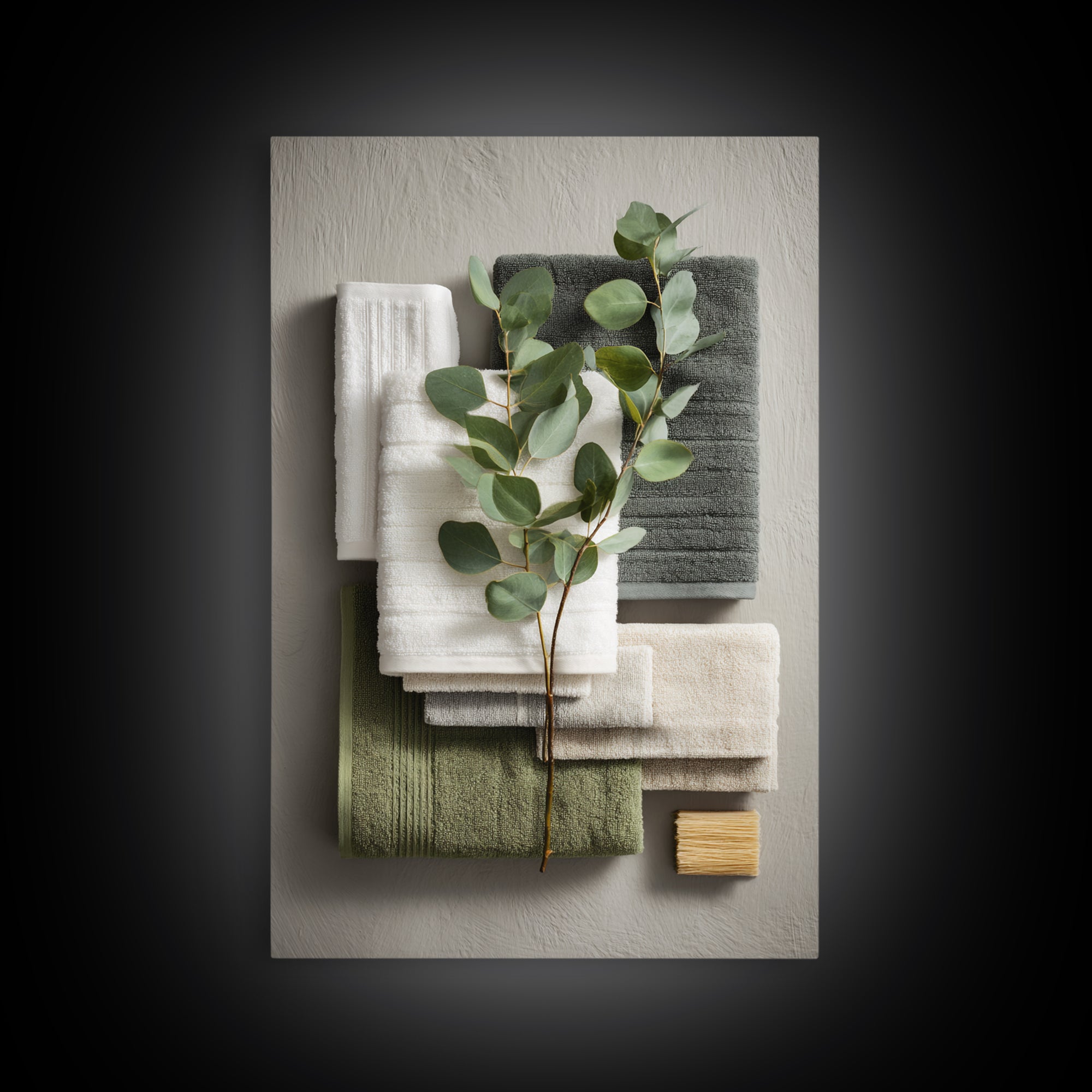 Sunlit White Towels and Eucalyptus Branch Canvas Print, Laundry Room Art, Oil Painting, Living Room Decor, Fine Art, Clean, LRA-2x3-67