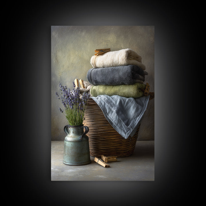 Basket of Folded Towels Canvas Print, Laundry Room Art, Painting, Living Room Decor, Fine Art, Clean, Wall Art Print, LRA-2x3-70