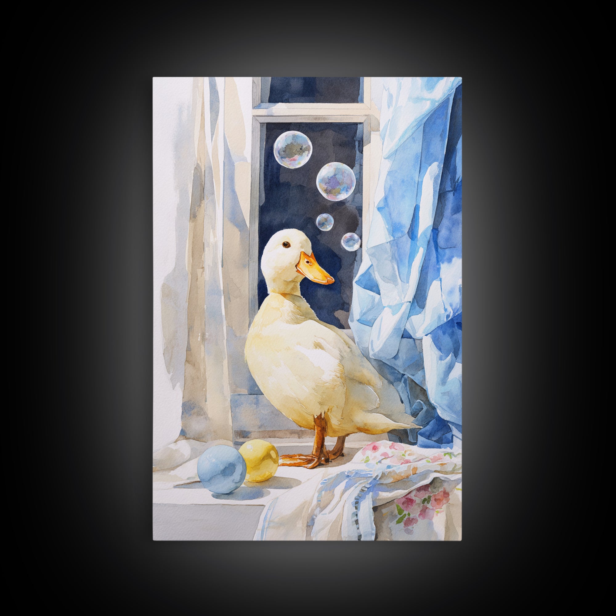 Duck and Bubbles Whimsical Watercolor Canvas Print, Laundry Room Art, Digital Wall Art, Living Room Decor, Fine Art, Clean, LRA-2x3-71
