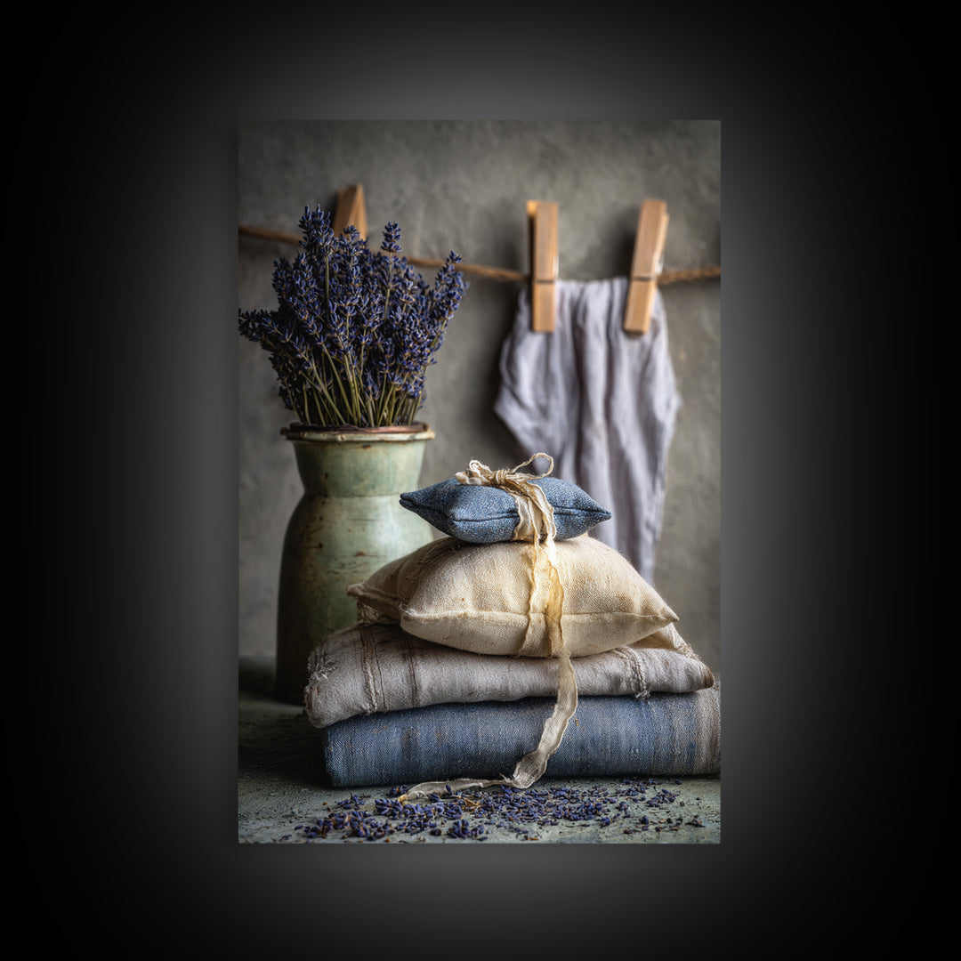 Lavender Sachet and Ribbon Still Life Framed Canvas Print, Laundry Room Art, Farmhouse Decor, Living Room Decor, Clean, LRA-2x3-73