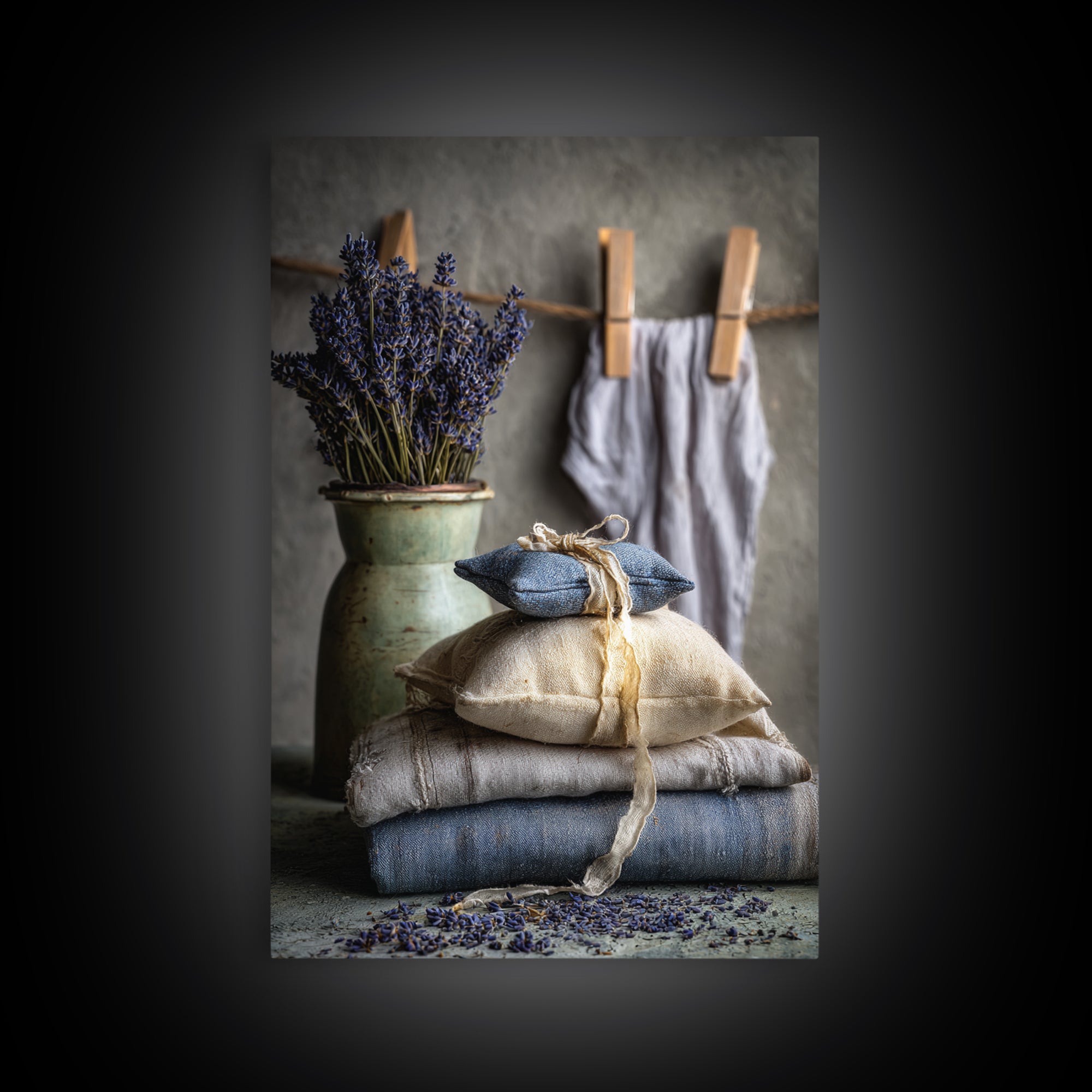 Lavender Sachet and Ribbon Still Life Framed Canvas Print, Laundry Room Art, Farmhouse Decor, Living Room Decor, Clean, LRA-2x3-73