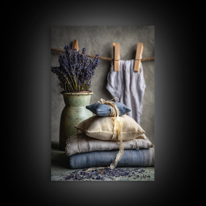 Lavender Sachet and Ribbon Still Life Framed Canvas Print, Laundry Room Art, Farmhouse Decor, Living Room Decor, Clean, LRA-2x3-73