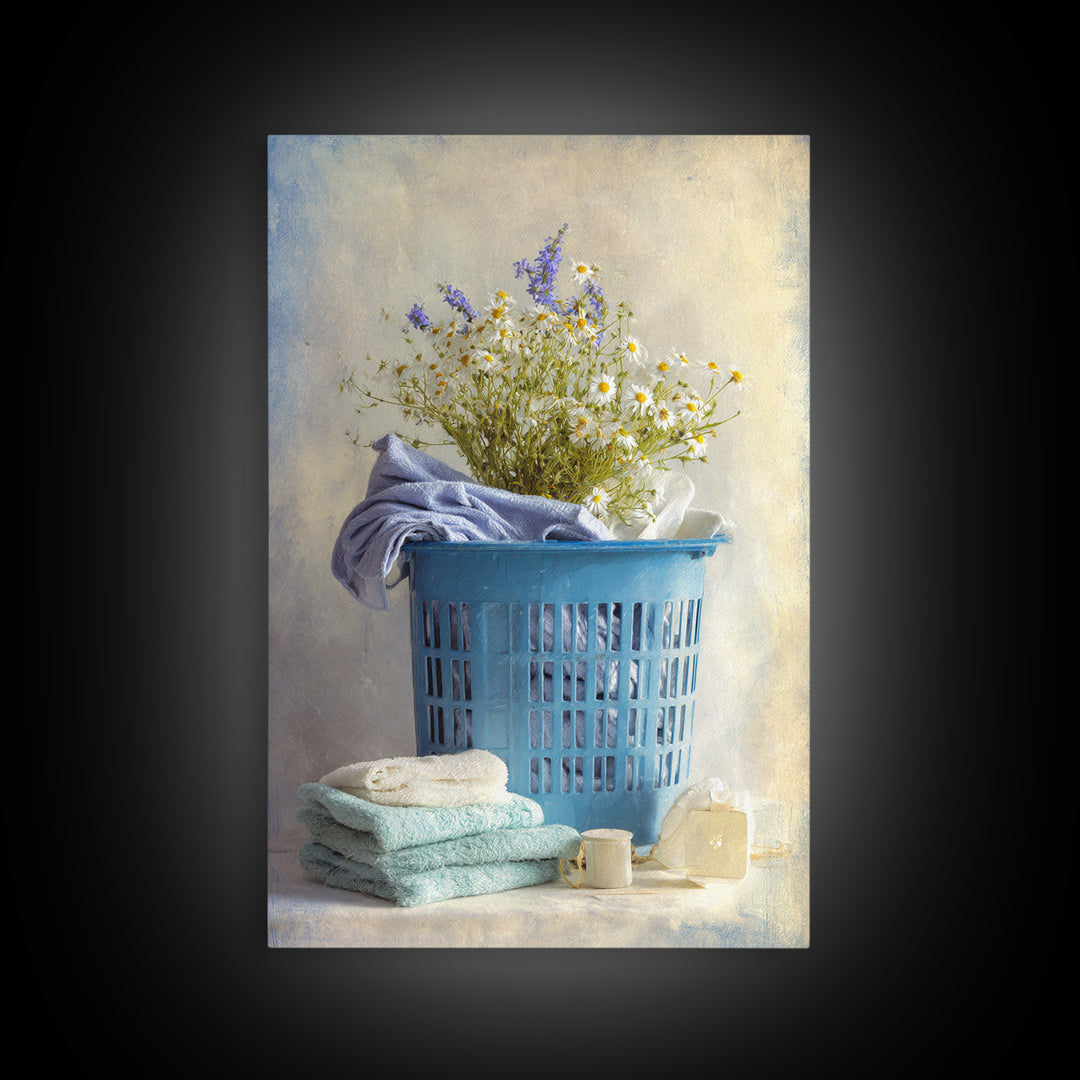 Blue Laundry Basket Framed Canvas Print, Laundry Room Art, Wall Art Print, Living Room Decor, Oil Painting, Clean, LRA-2x3-85