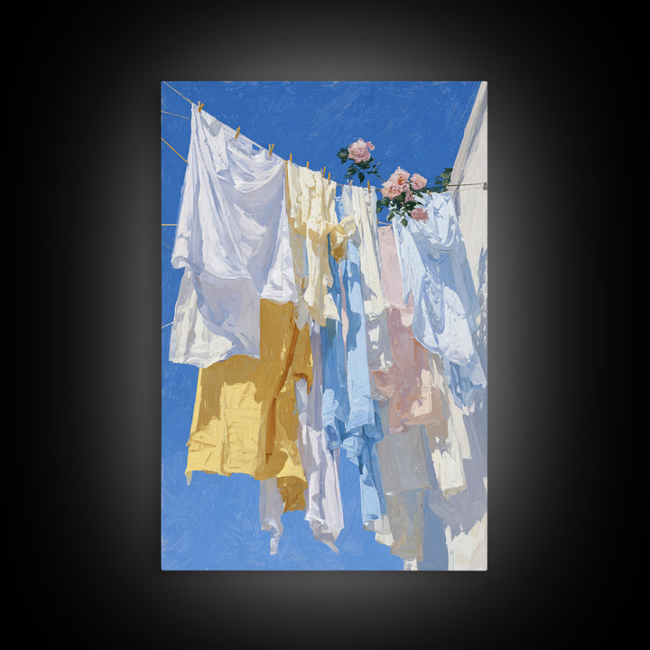Clothesline with White Linens Blowing in Sunshine Canvas Print, Laundry Room Art, Living Room Decor, Abstract Art, Clean, LRA-2x3-9