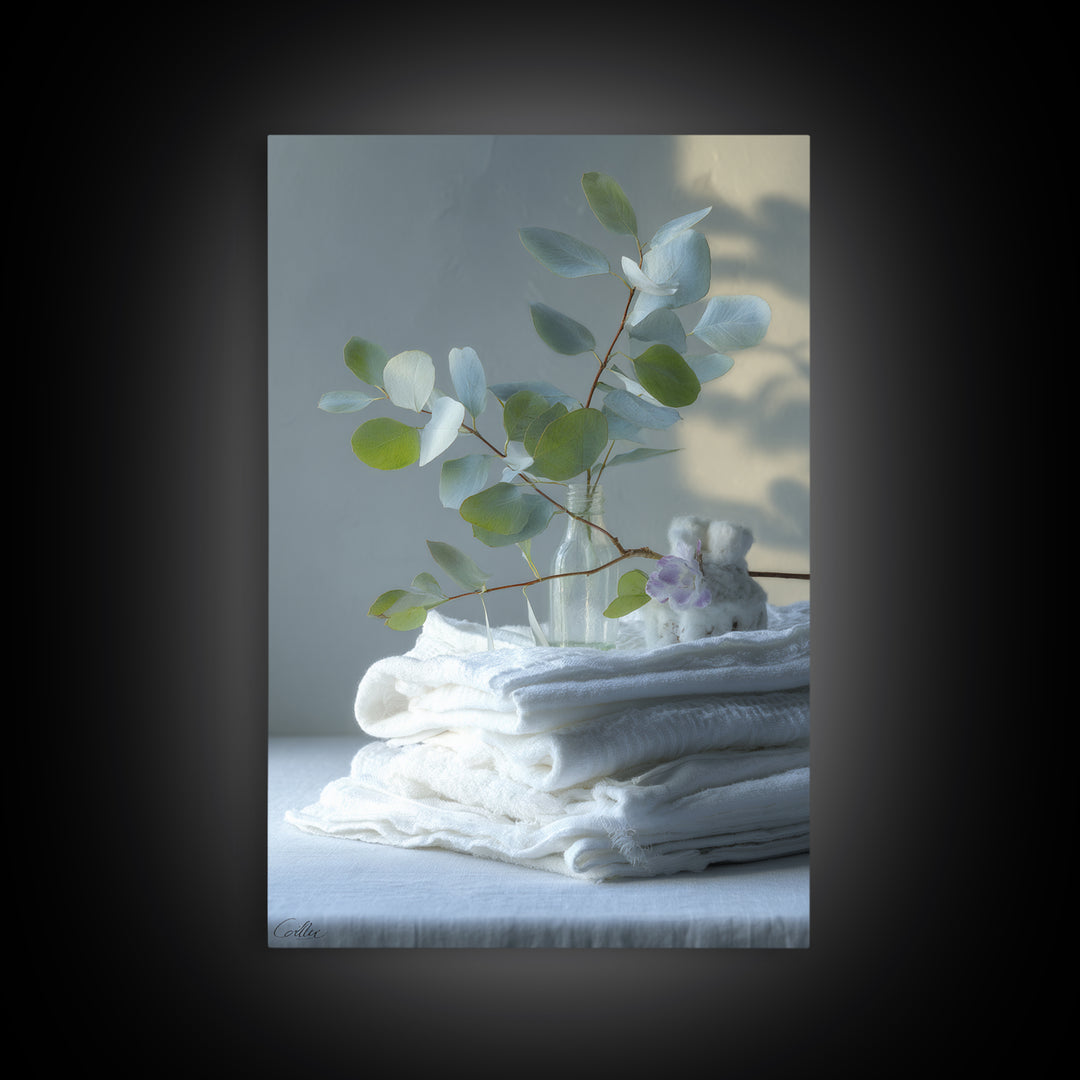 Sunlit White Towels and Eucalyptus Branch Canvas Print, Laundry Room Art, Retro Wall Art, Living Room Decor, Watercolor Art, LRA-2x3-91