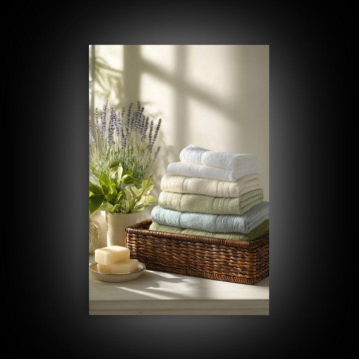 Basket of Folded Towels Framed Canvas Print, Laundry Room Art, Digital Print, Living Room Decor, Clean, Custom Wall Art, LRA-2x3-94