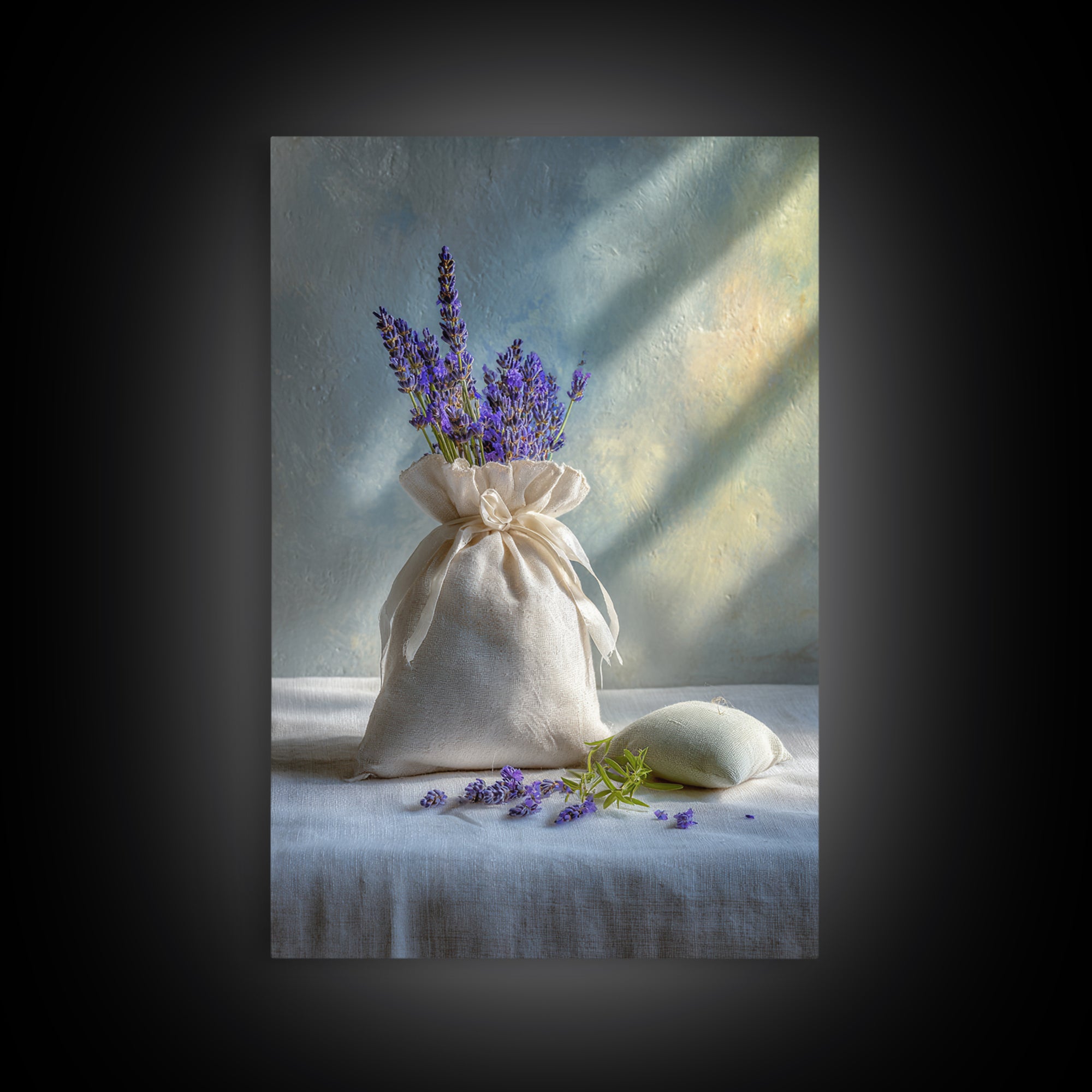 Lavender Sachet and Ribbon Still Life Framed Canvas Print, Laundry Room Art, Farmhouse Decor, Living Room Decor, Clean, LRA-2x3-97