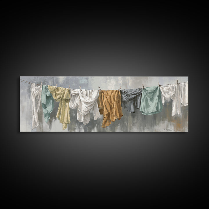 Clothesline with White Linens Blowing in Sunshine Canvas Print, Laundry Room Art, Farmhouse Wall Decor, Living Room Decor, LRA-3x1-17