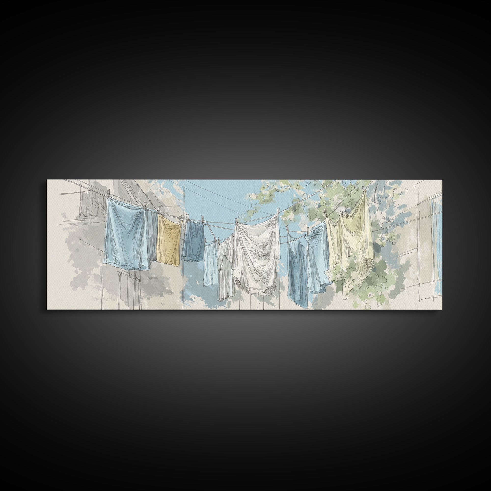 Simple Line Drawing of Hanging Laundry Framed Canvas Print, Laundry Room Art, Digital Art Print, Living Room Decor, LRA-3x1-32