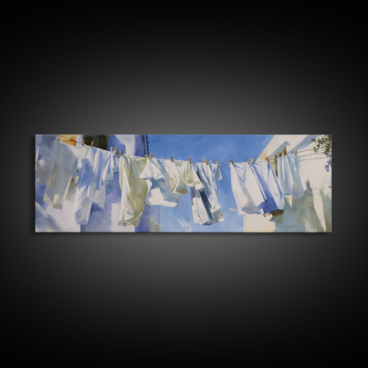 Clothesline with White Linens Blowing in Sunshine Canvas Print, Laundry Room Art, Downloadable Art, Living Room Decor, Clean, LRA-3x1-41