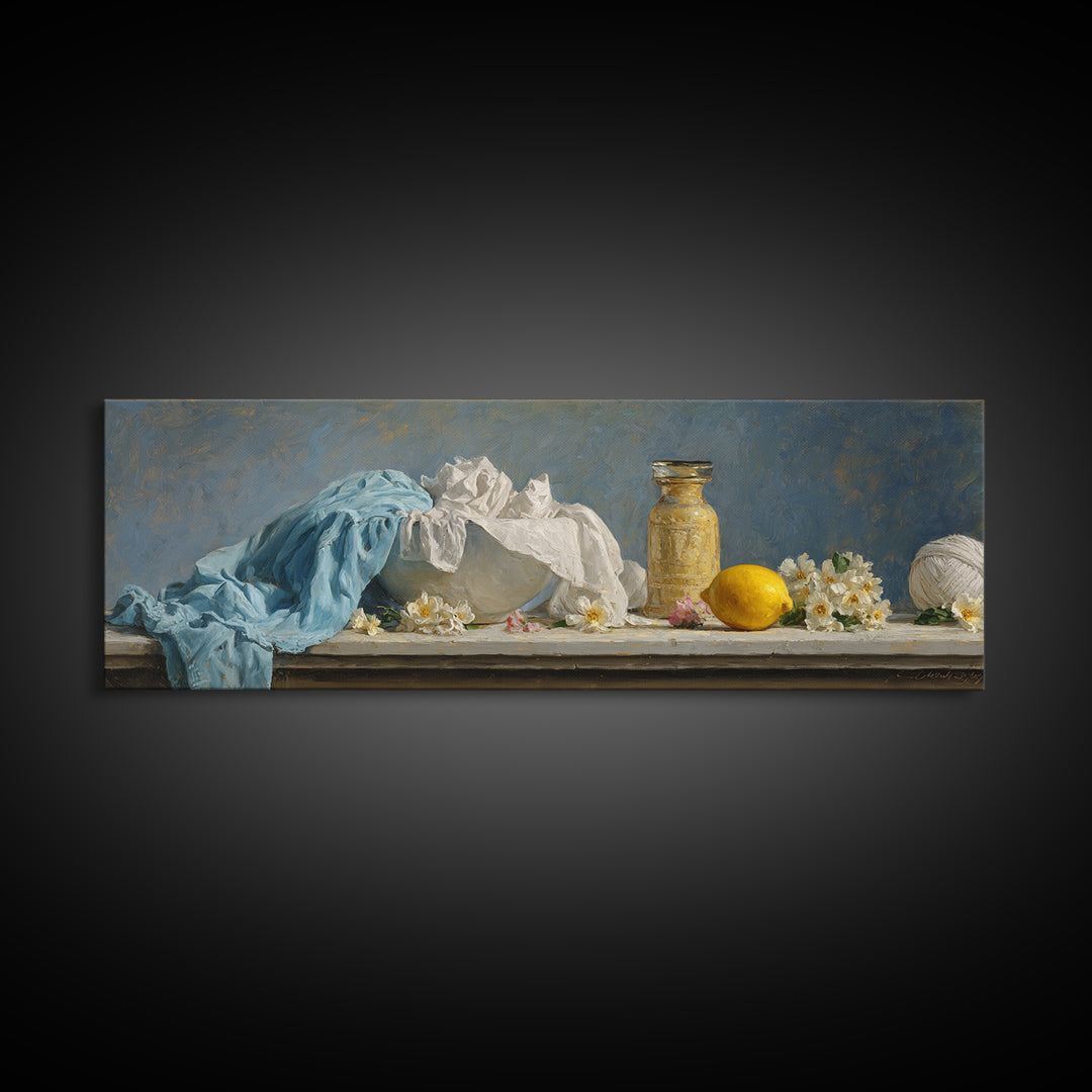 Lemon and Clean Linen Still Life Canvas Print, Laundry Room Art, Living Room Decor, Abstract Art, Clean, Wall Art Print, LRA-3x1-43