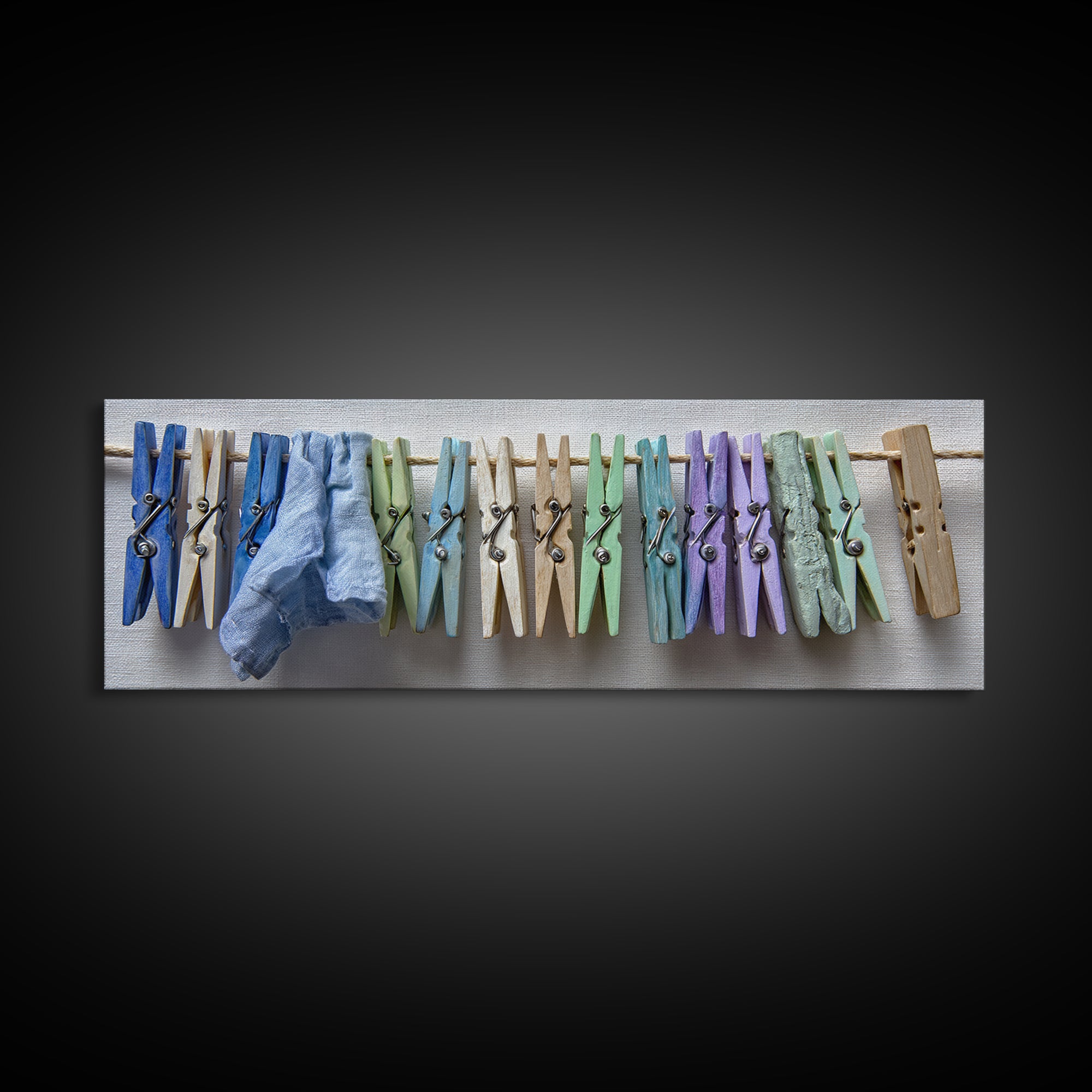 Cheerful Clothespins Arranged as Pattern Framed Canvas Print, Laundry Room Art, Neutral Decor, Living Room Decor, Clean, LRA-3x1-44