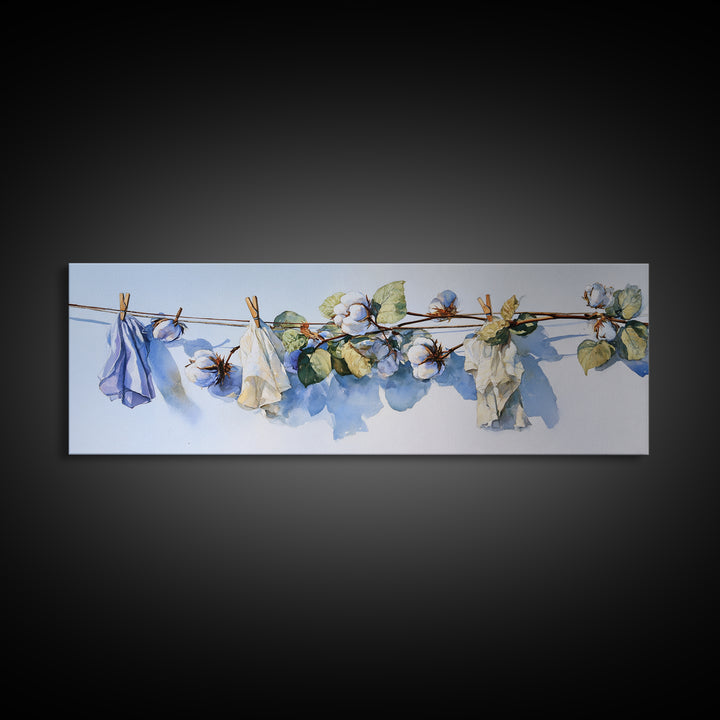 Fresh Cotton Branch Botanical Study Framed Canvas Print, Laundry Room Art, Digital Art, Living Room Decor, Fine Art, Clean, LRA-3x1-47