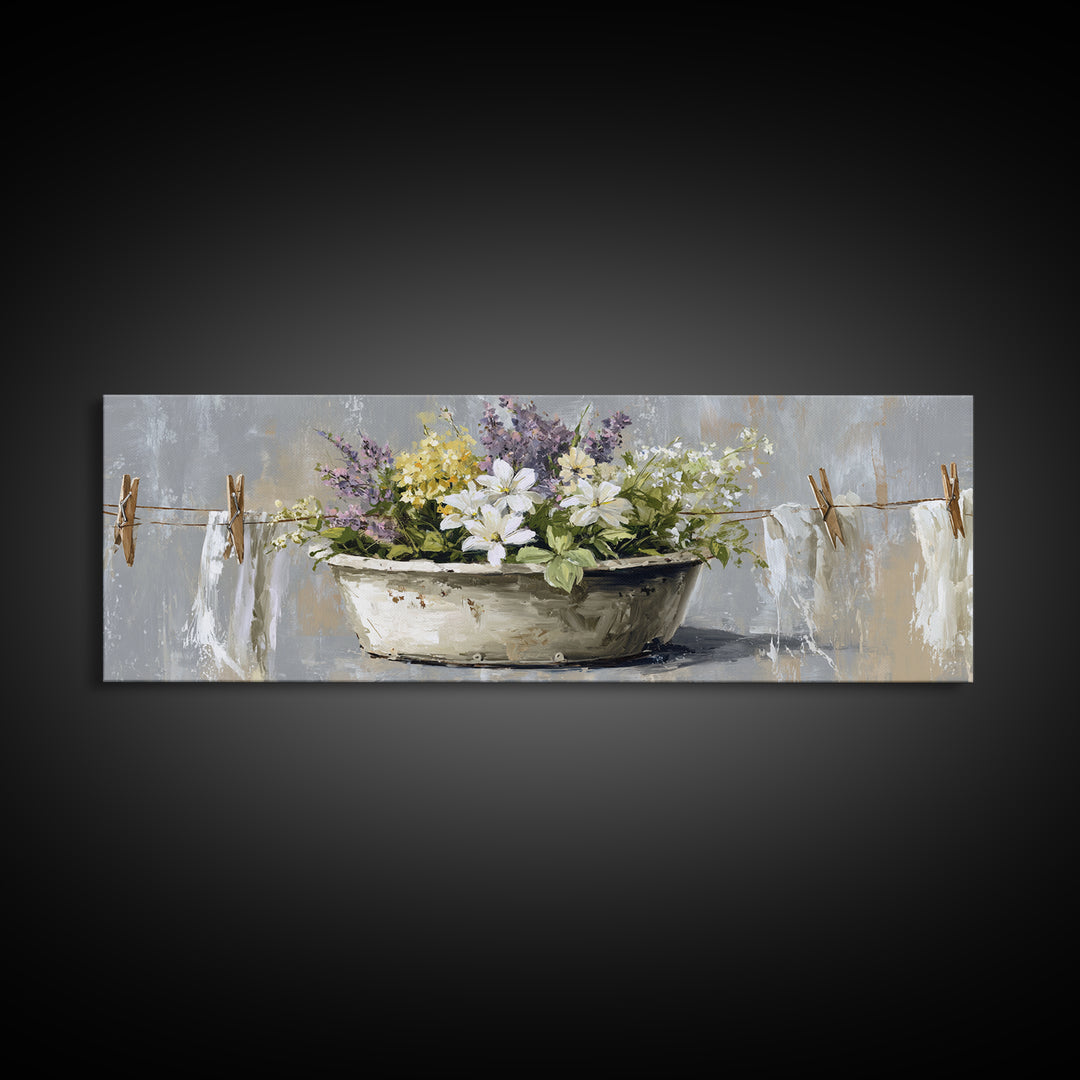 Old Enamel Basin Filled Canvas Print, Laundry Room Art, Art Print, Living Room Decor, Fine Art, Clean, Artwork, Digital Print, LRA-3x1-48