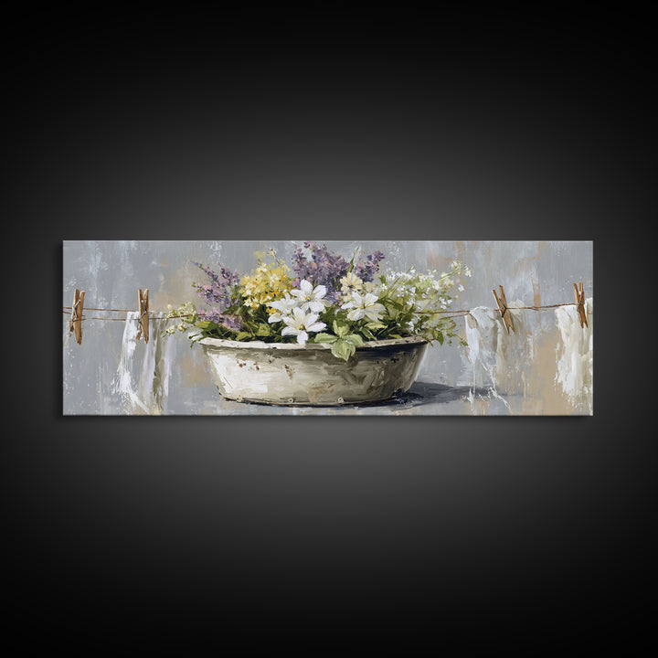 Old Enamel Basin Filled Canvas Print, Laundry Room Art, Art Print, Living Room Decor, Fine Art, Clean, Artwork, Digital Print, LRA-3x1-48