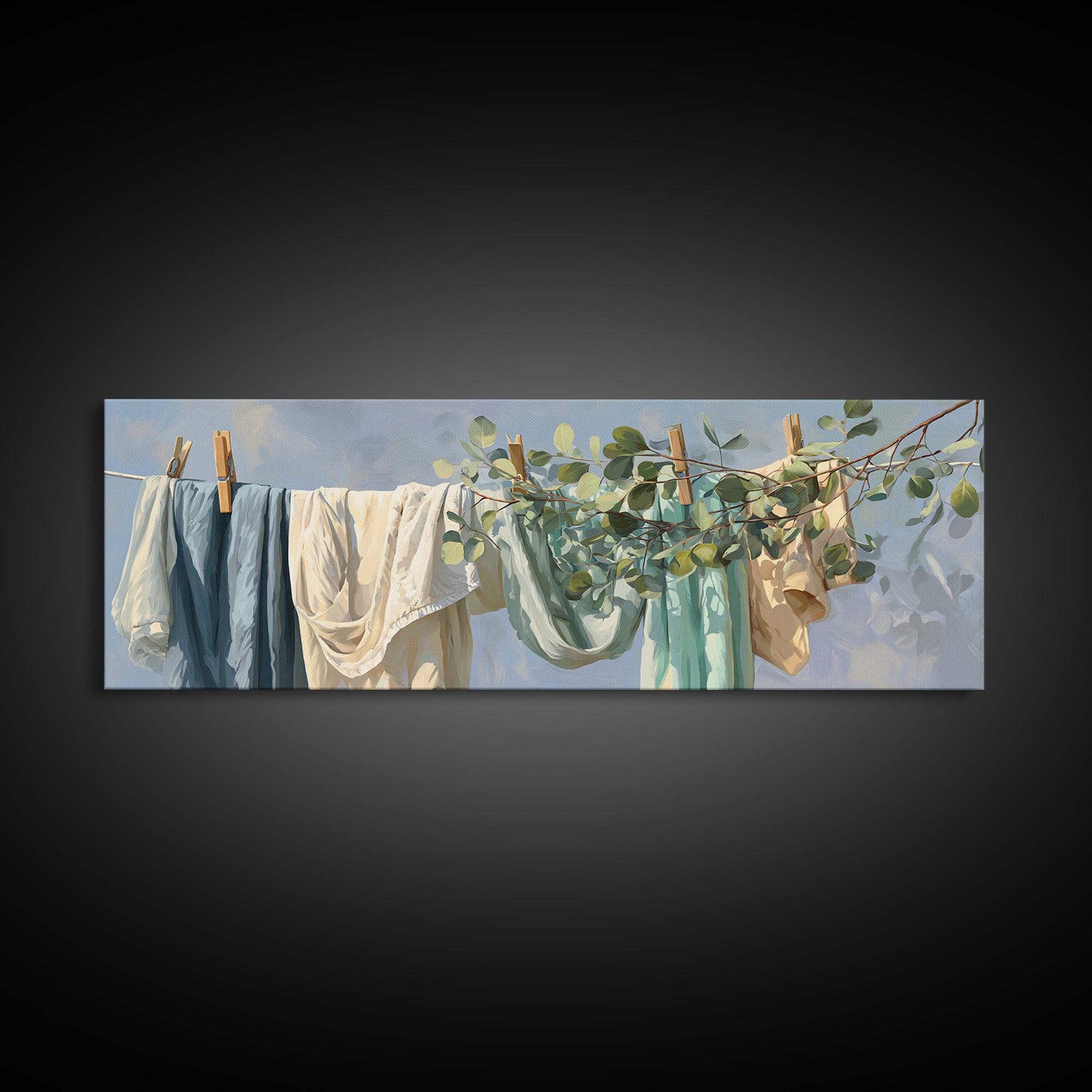 Sunlit White Towels and Eucalyptus Branch Canvas Print, Laundry Room Art, Printable Wall Art, Living Room Decor, Clean, LRA-3x1-51