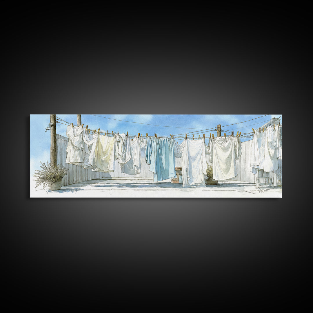 Simple Line Drawing of Hanging Laundry Framed Canvas Print, Laundry Room Art, Textured Painting, Living Room Decor, Clean, LRA-3x1-56