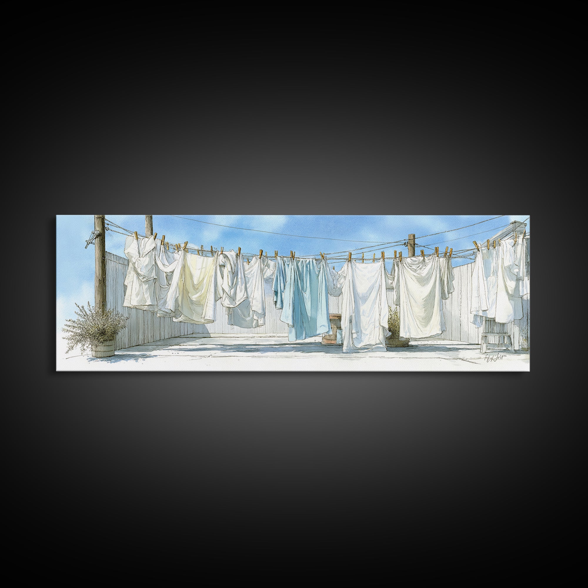 Simple Line Drawing of Hanging Laundry Framed Canvas Print, Laundry Room Art, Textured Painting, Living Room Decor, Clean, LRA-3x1-56