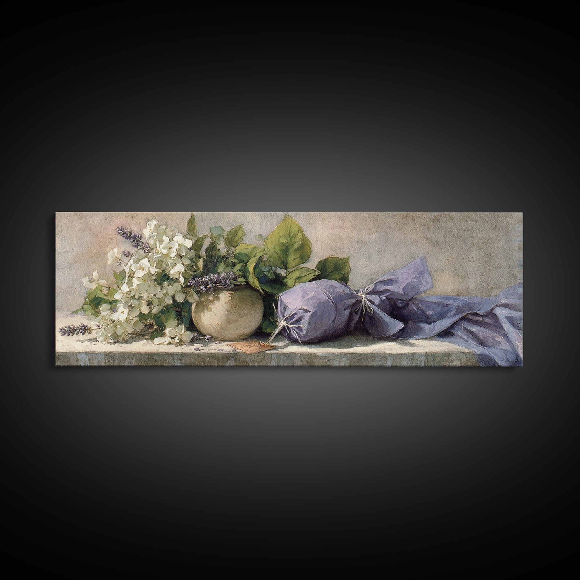 Lavender Sachet and Ribbon Still Life Framed Canvas Print, Laundry Room Art, Farmhouse Wall Art, Living Room Decor, Clean, LRA-3x1-57