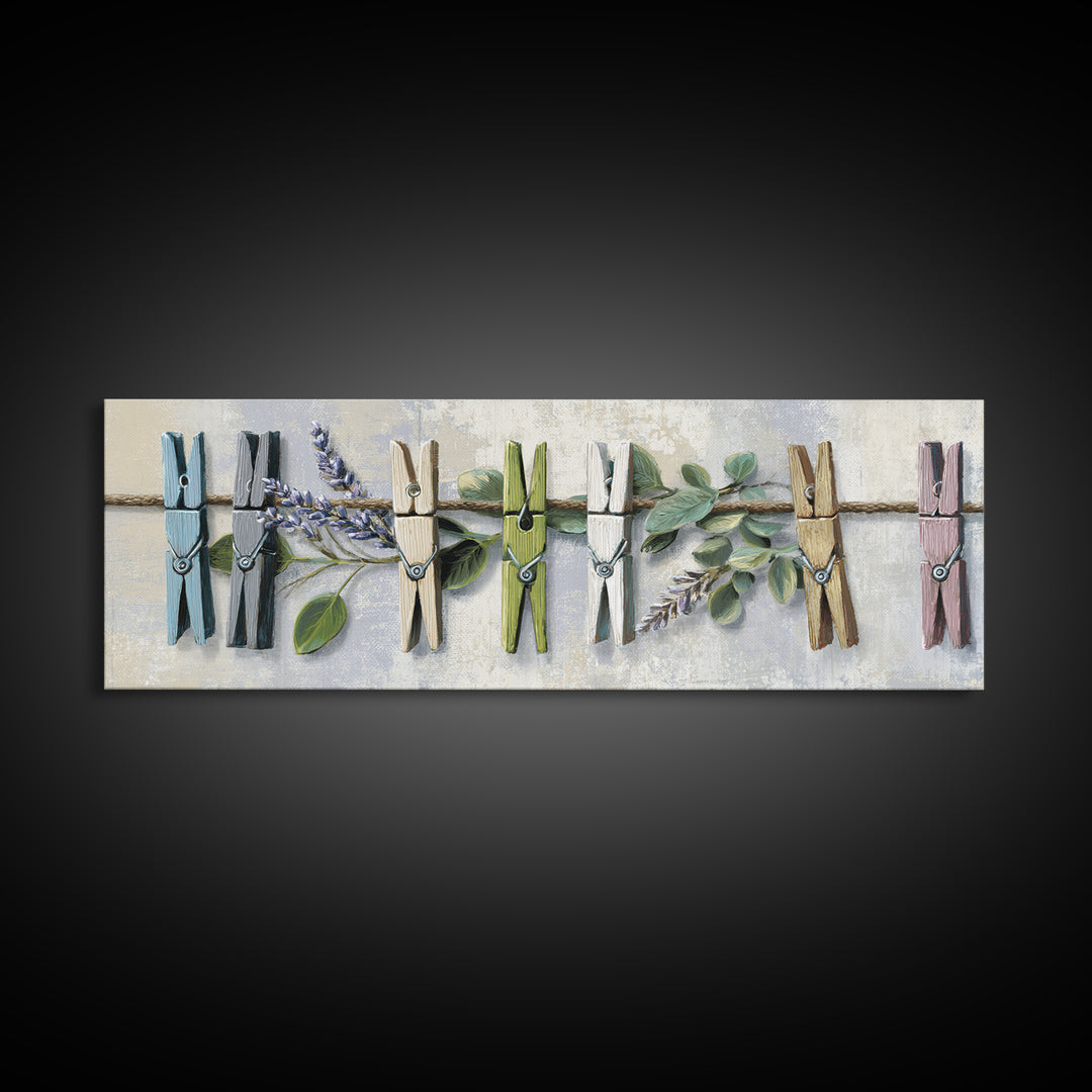 Clothespin Bouquet in Folk Art Style Framed Canvas Print, Laundry Room Art, Boho Decor, Living Room Decor, Fine Art, Clean, LRA-3x1-60