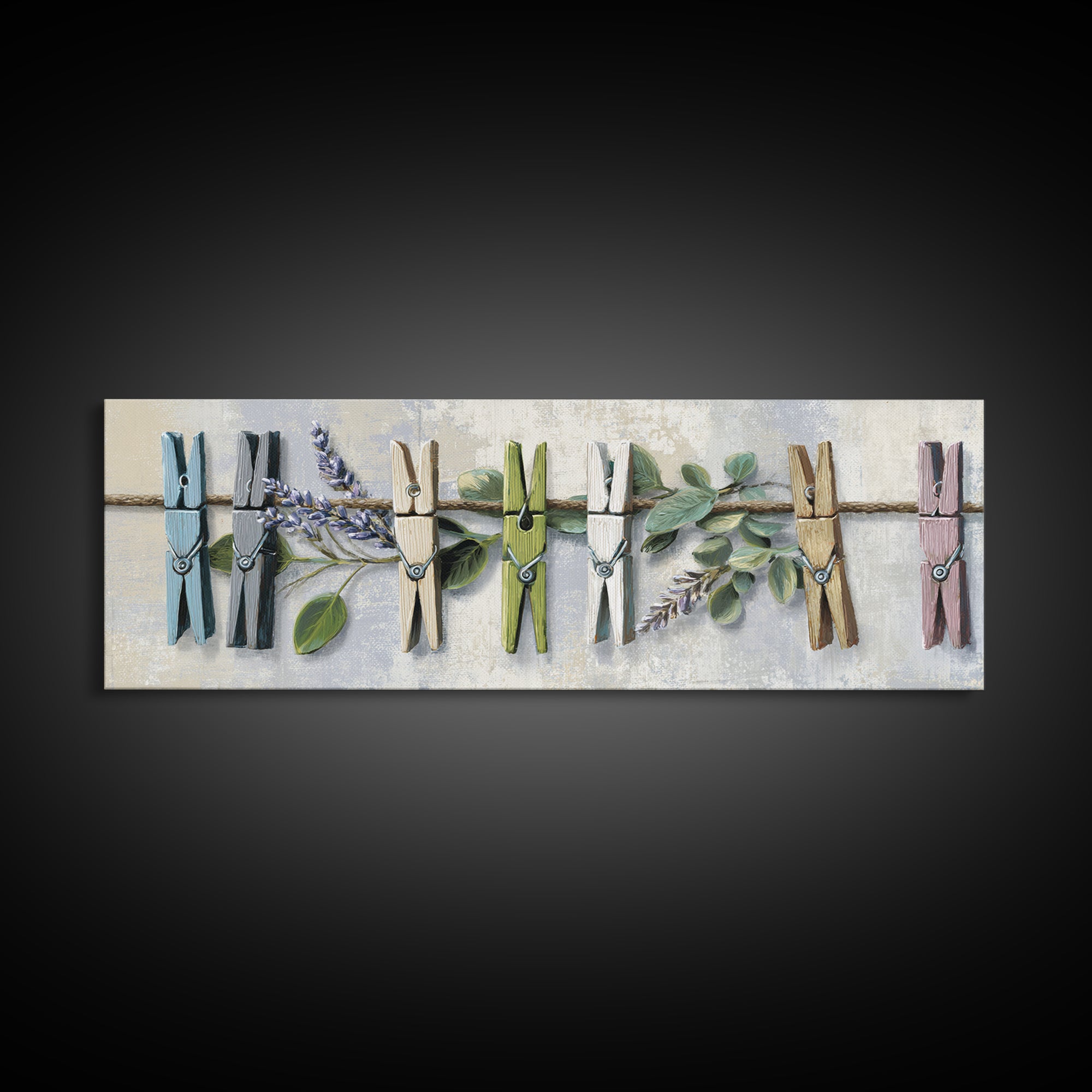 Clothespin Bouquet in Folk Art Style Framed Canvas Print, Laundry Room Art, Boho Decor, Living Room Decor, Fine Art, Clean, LRA-3x1-60