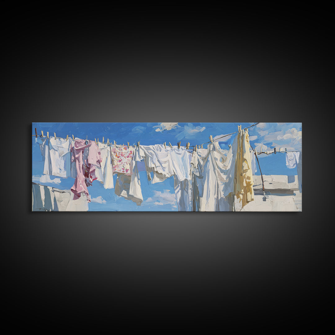 Clothesline with White Linens Blowing in Sunshine Canvas Print, Laundry Room Art, Downloadable Art, Living Room Decor, Clean, LRA-3x1-65