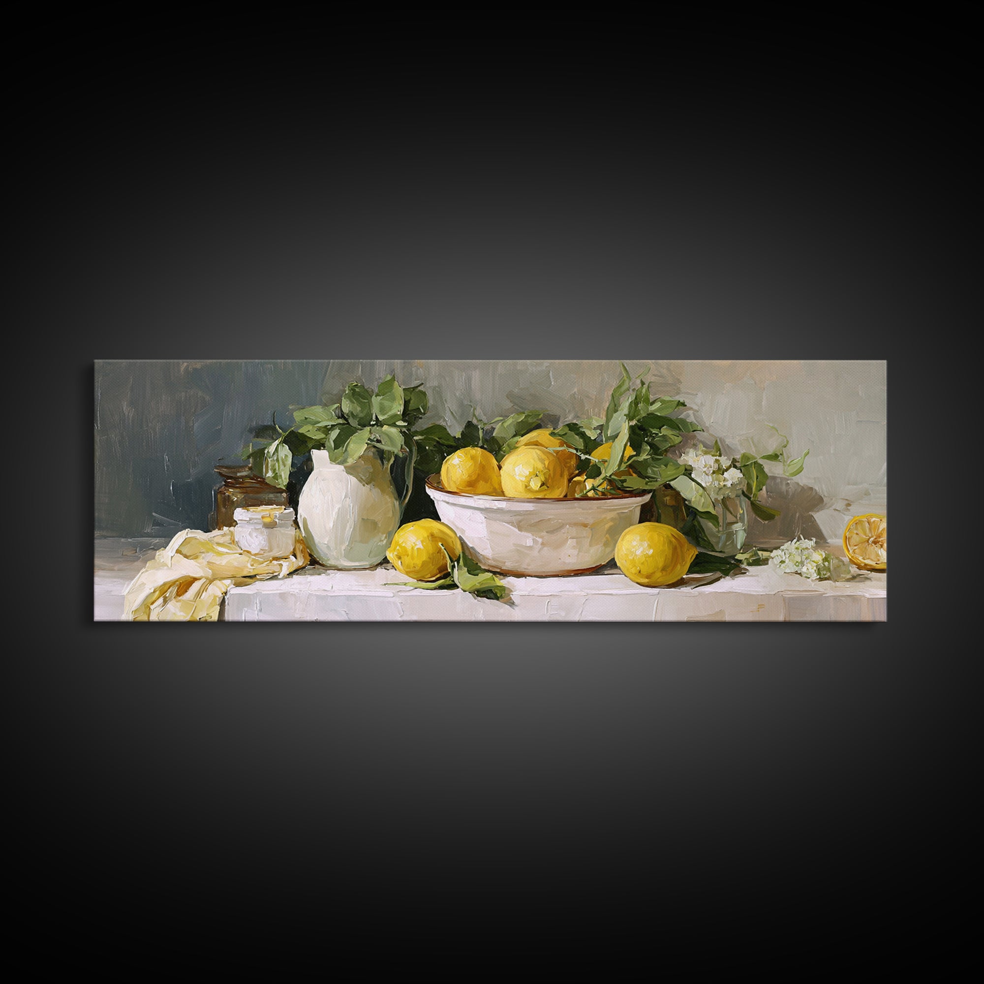 Lemon and Clean Linen Still Life Framed Canvas Print, Laundry Room Art, Digital Print, Living Room Decor, Fine Art, Clean, LRA-3x1-67