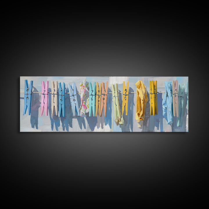 Cheerful Clothespins Arranged as Pattern Canvas Print, Laundry Room Art, Living Room Decor, Clean, Minimalist Wall Art, LRA-3x1-68