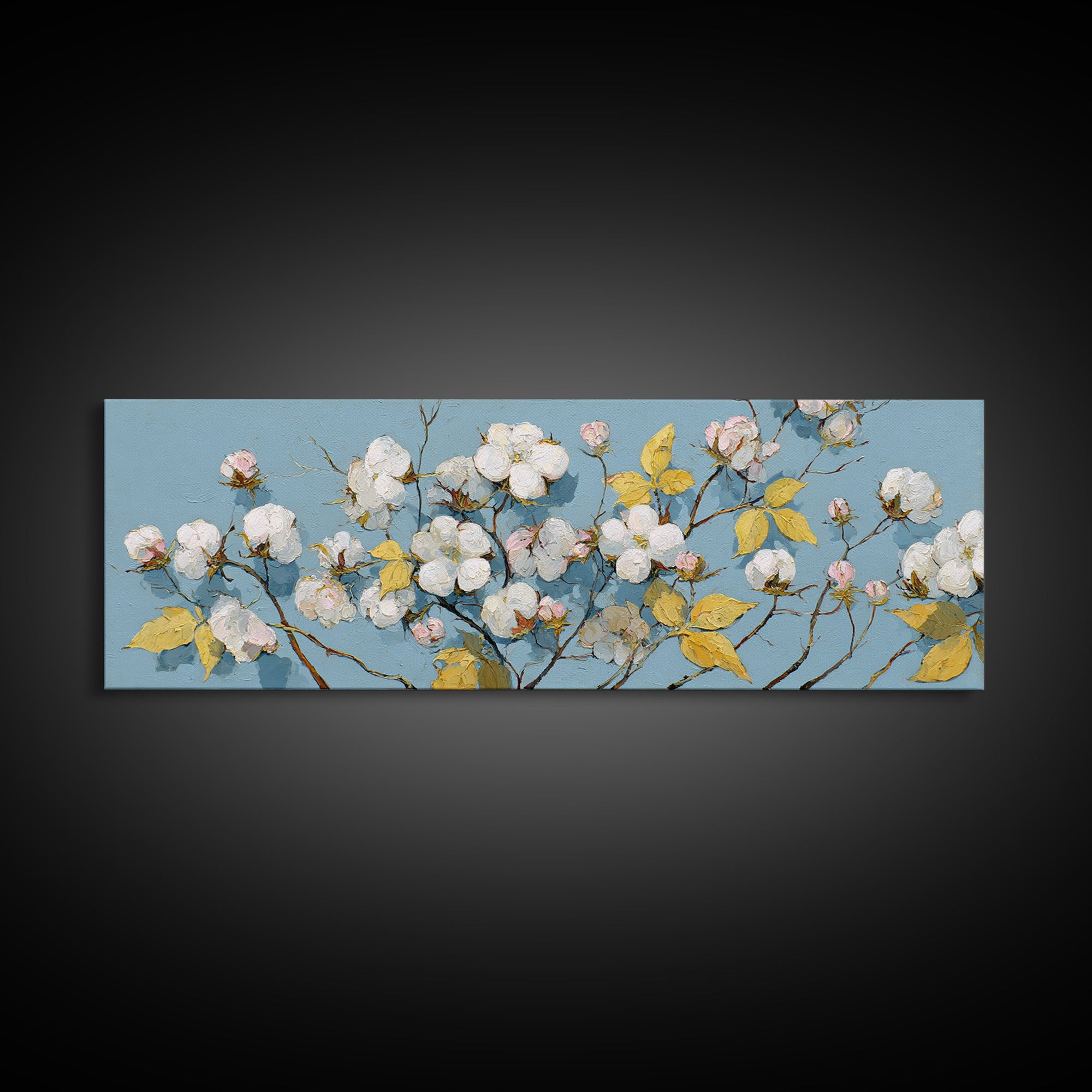 Fresh Cotton Branch Botanical Study Canvas Print, Laundry Room Art, New Home Gift, Living Room Decor, Oil Painting, Clean, LRA-3x1-71