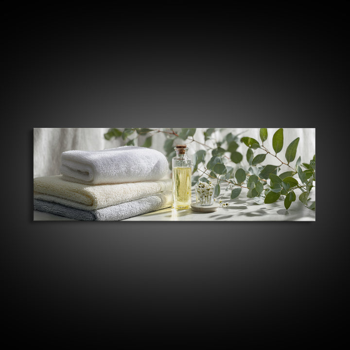 Sunlit White Towels and Eucalyptus Branch Canvas Print, Laundry Room Art, Printable Art, Living Room Decor, Watercolor Art, LRA-3x1-75