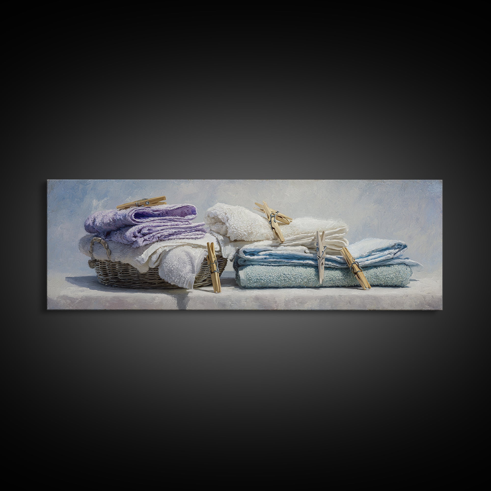 Basket of Folded Towels Canvas Print, Laundry Room Art, Painting, Living Room Decor, Fine Art, Clean, Wall Art Print, LRA-3x1-78