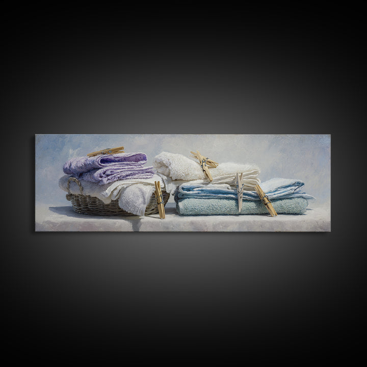 Basket of Folded Towels Canvas Print, Laundry Room Art, Painting, Living Room Decor, Fine Art, Clean, Wall Art Print, LRA-3x1-78