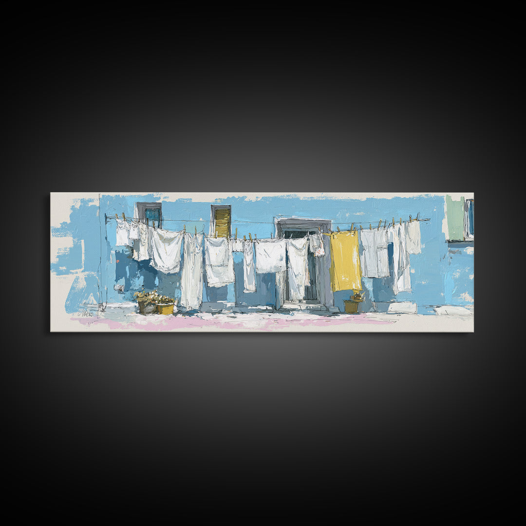 Simple Line Drawing of Hanging Laundry Canvas Print, Laundry Room Art, Painting, Living Room Decor, Abstract Art, Clean, LRA-3x1-80