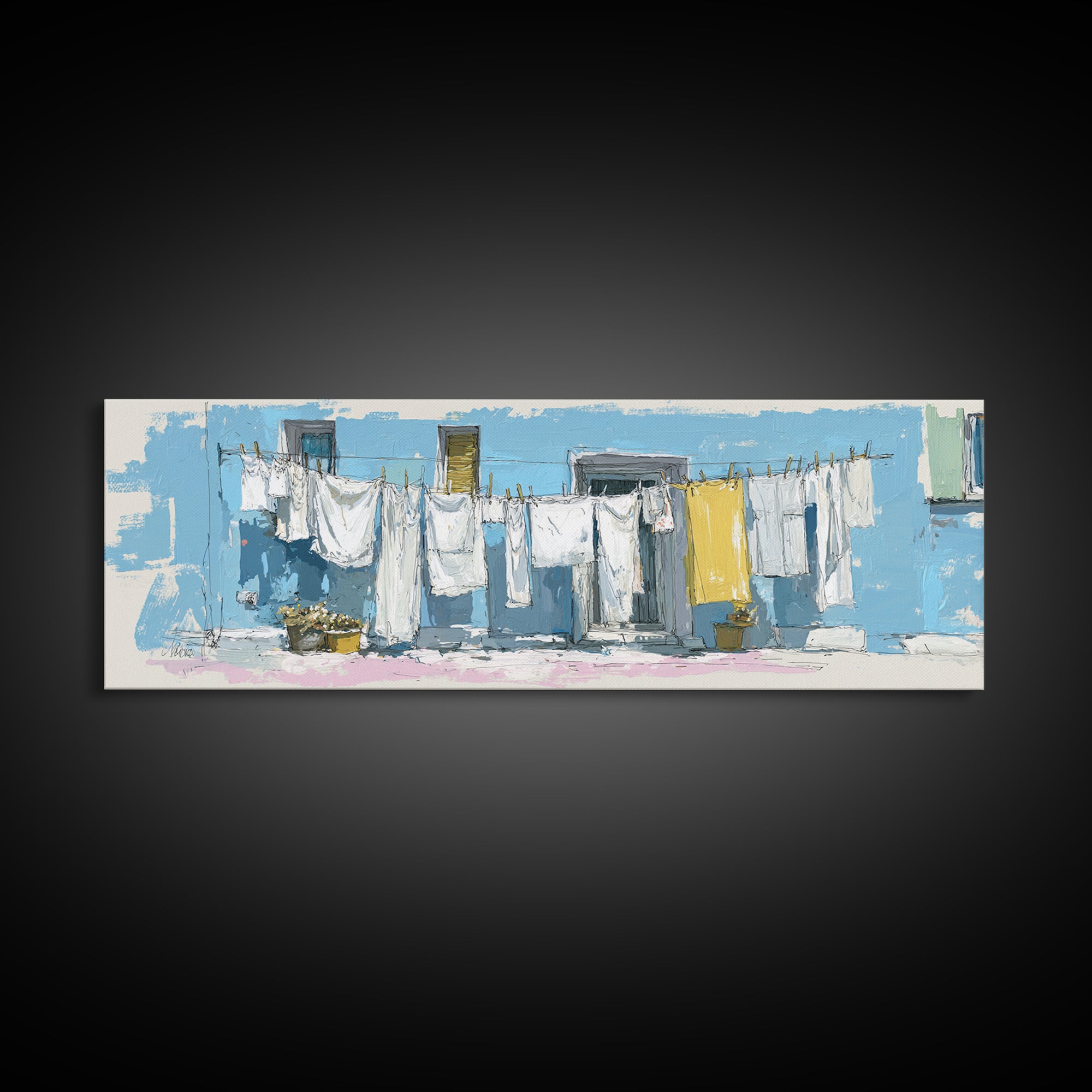 Simple Line Drawing of Hanging Laundry Canvas Print, Laundry Room Art, Painting, Living Room Decor, Abstract Art, Clean, LRA-3x1-80