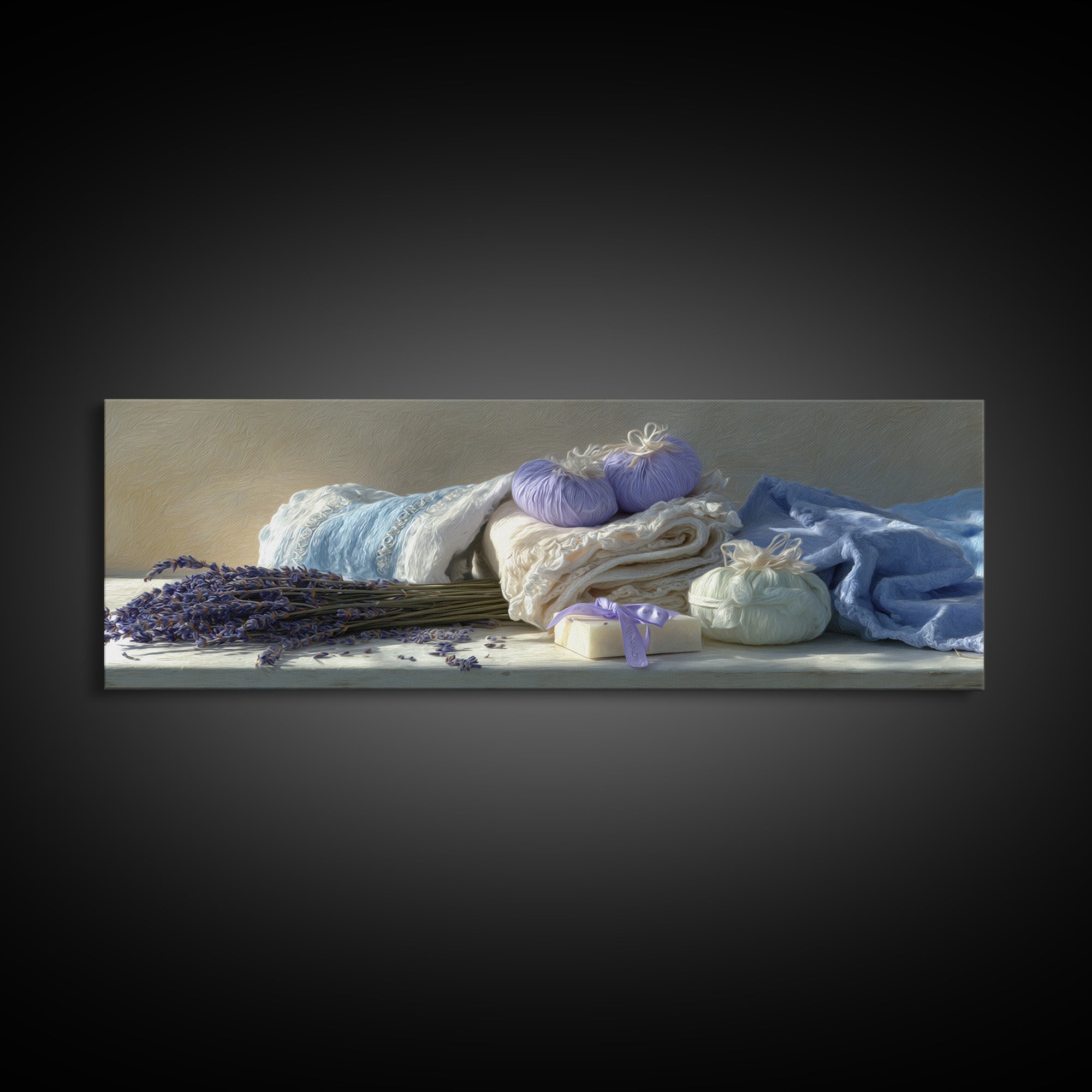 Lavender Sachet and Ribbon Still Life Framed Canvas Print, Laundry Room Art, Farmhouse Wall Art, Living Room Decor, Clean, LRA-3x1-81