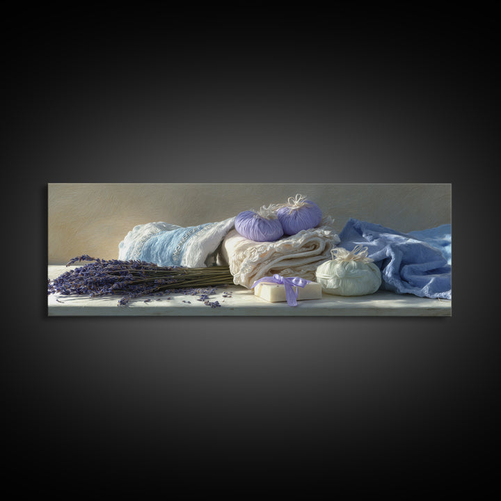 Lavender Sachet and Ribbon Still Life Framed Canvas Print, Laundry Room Art, Farmhouse Wall Art, Living Room Decor, Clean, LRA-3x1-81