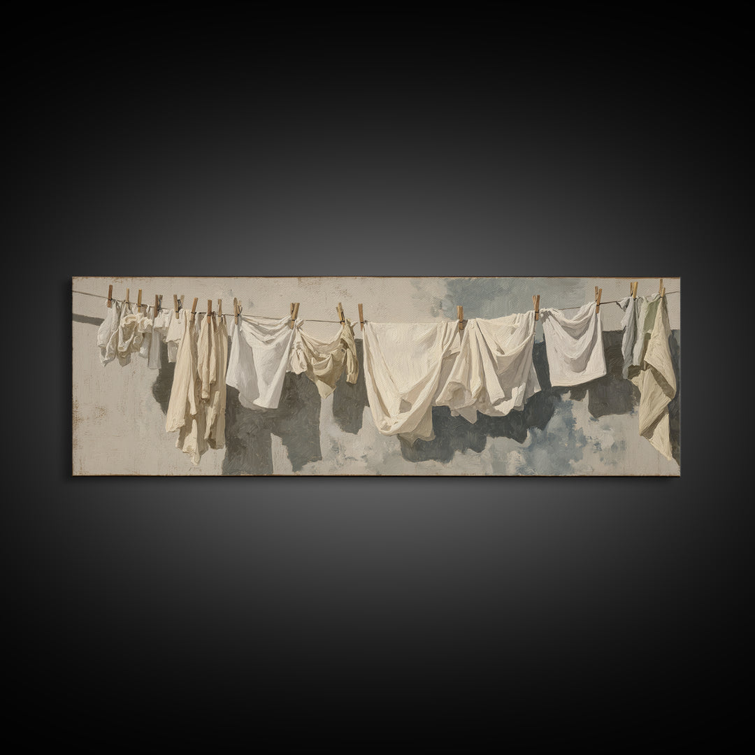 Clothesline with White Linens Blowing in Sunshine Canvas Print, Laundry Room Art, Digital Art Print, Living Room Decor, Clean, LRA-3x1-89