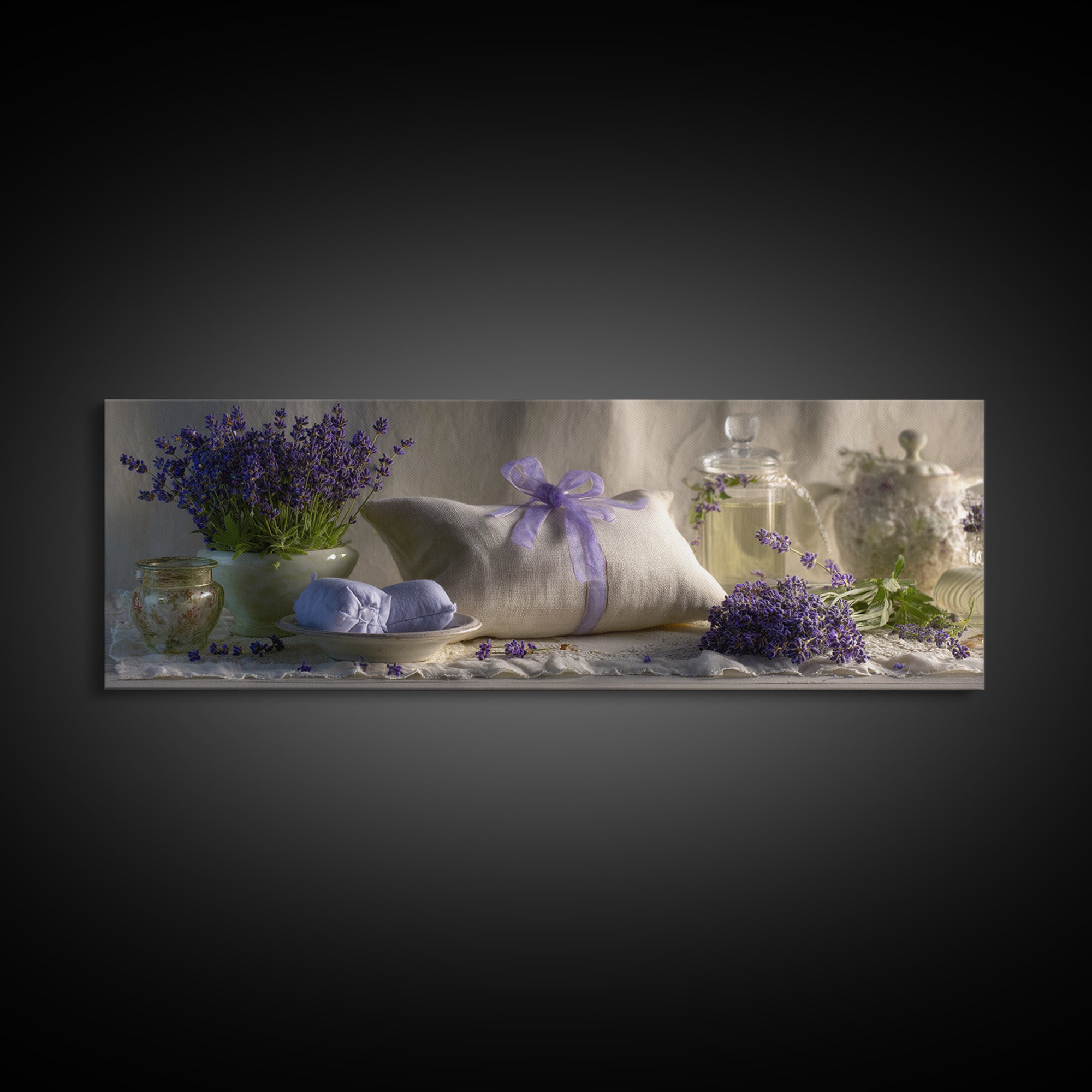Lavender Sachet and Ribbon Still Life Framed Canvas Print, Laundry Room Art, Printable Art, Living Room Decor, Fine Art, Clean, LRA-3x1-9