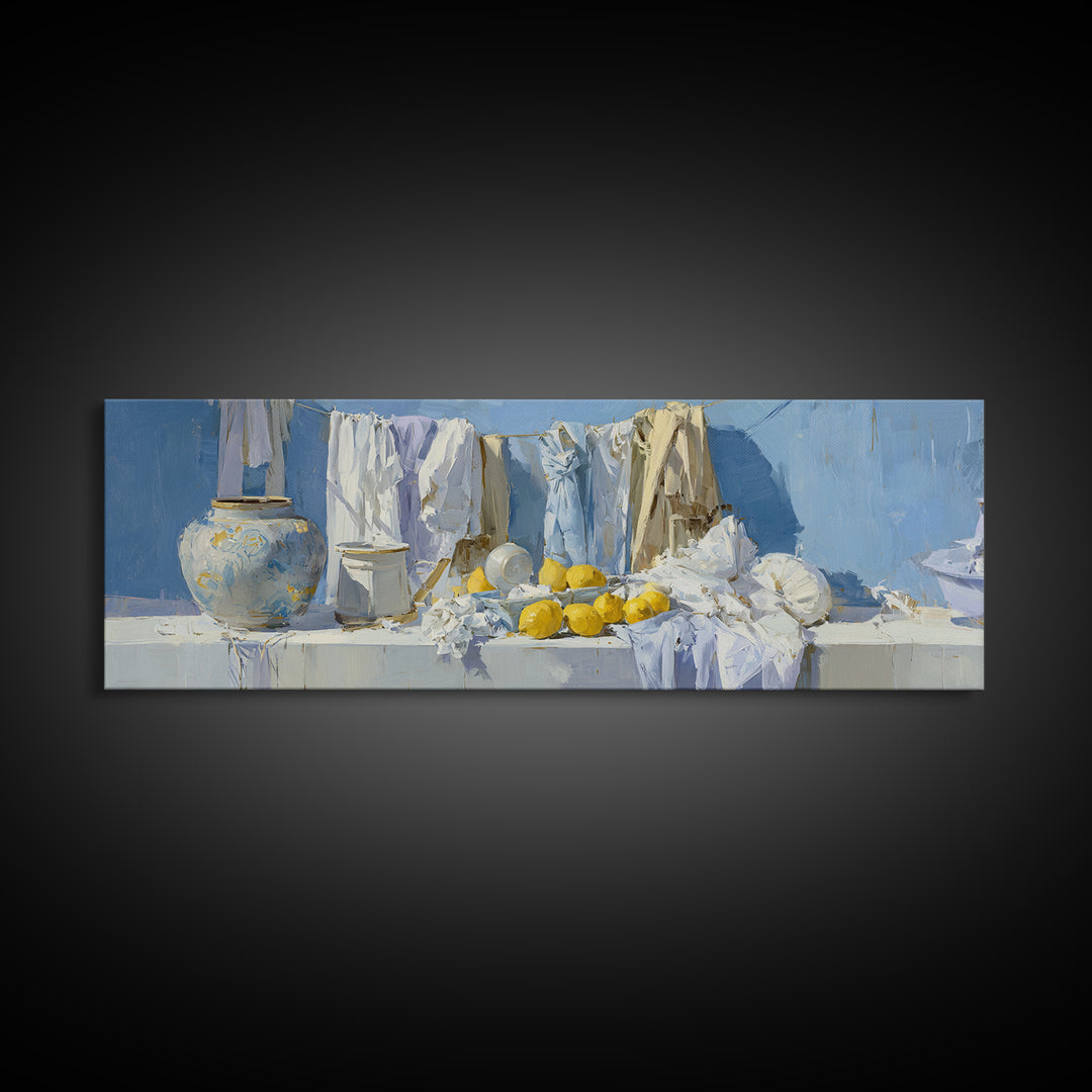 Lemon and Clean Linen Still Life Canvas Print, Laundry Room Art, Room Decor, Living Room Decor, Abstract Art, Clean, LRA-3x1-91